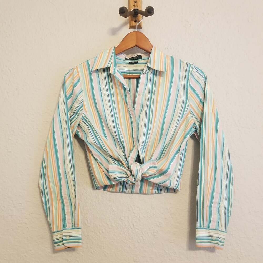 SOLD**Lauren by Ralph Lauren Button Up Top - Blue pink and orange pastel stripes